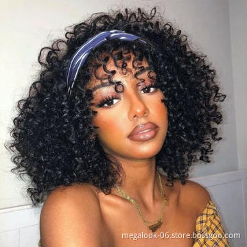 Human Hair Short Headband Bob Cut Wig With bangs,  Short Pixie Curls  Human Hair Bob Wig For Black Women